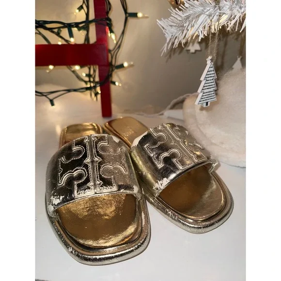 Tory Burch Miller Metal Logo Slides Gold Metallic Leather Sandals Women Size 8 - Picture 1 of 9